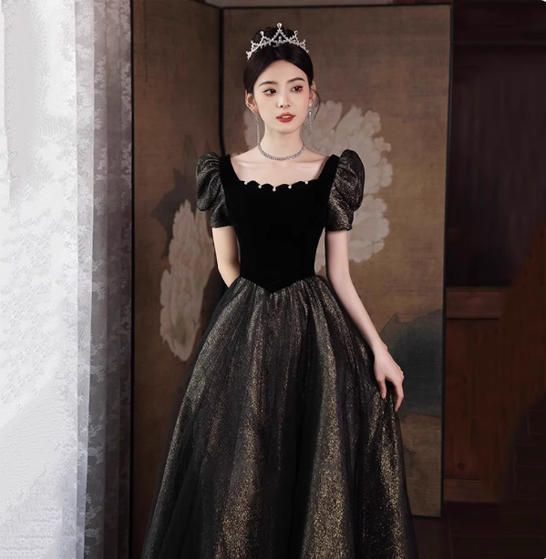 Vintage Schwarz & Gold A-Linie Quadratausschnitt Puffärmel Samt Gold Schimmer Tüll Langes Ballkleid Abendkleid P4469