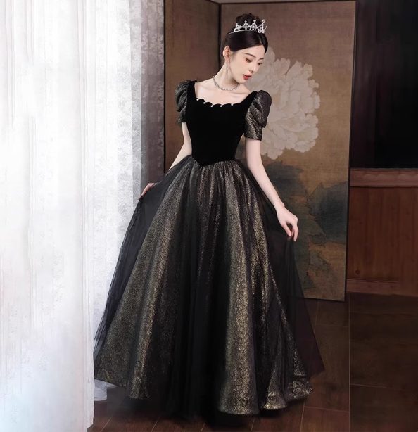Vintage Schwarz & Gold A-Linie Quadratausschnitt Puffärmel Samt Gold Schimmer Tüll Langes Ballkleid Abendkleid P4469