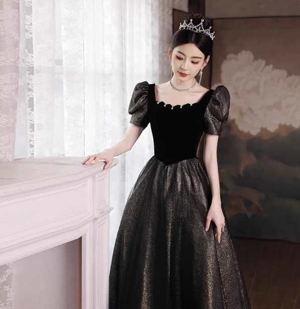 Vintage Schwarz & Gold A-Linie Quadratausschnitt Puffärmel Samt Gold Schimmer Tüll Langes Ballkleid Abendkleid P4469