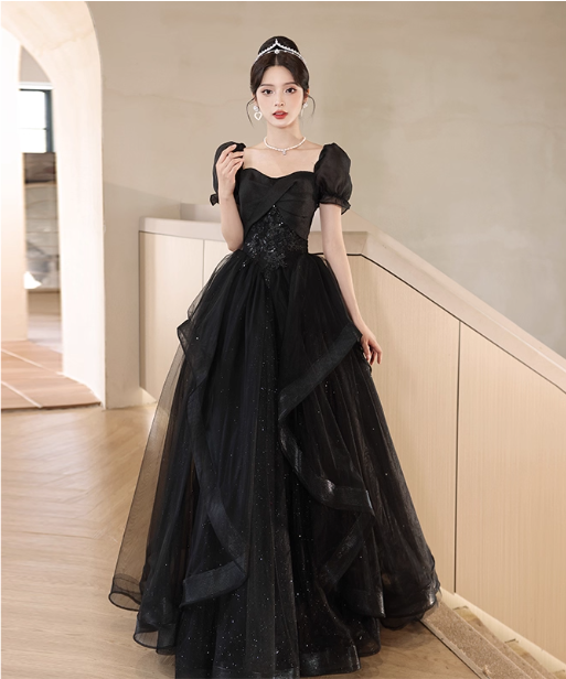 Elegant Black A-line Square Neck Puff Sleeve Tulle Long Prom Dress Evening Dress P4470