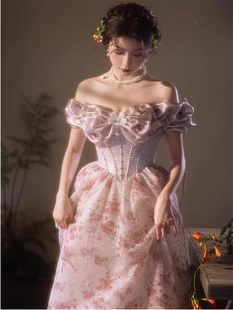 Französisches rosa bedrucktes A-Linien-Off-Shoulder-Kleid mit Schleife aus Tüll, langes Ballkleid, Abendkleid P4471