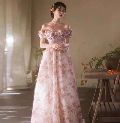 Französisches rosa bedrucktes A-Linien-Off-Shoulder-Kleid mit Schleife aus Tüll, langes Ballkleid, Abendkleid P4471