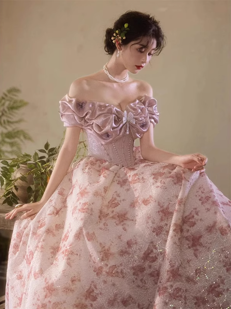 Französisches rosa bedrucktes A-Linien-Off-Shoulder-Kleid mit Schleife aus Tüll, langes Ballkleid, Abendkleid P4471