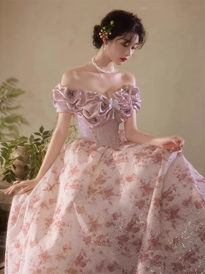 Französisches rosa bedrucktes A-Linien-Off-Shoulder-Kleid mit Schleife aus Tüll, langes Ballkleid, Abendkleid P4471