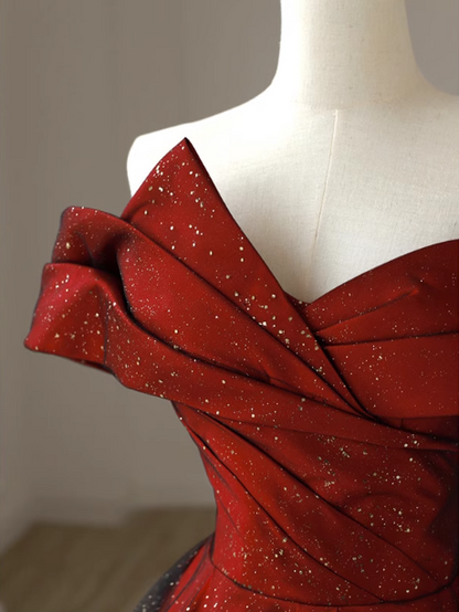 Elegantes burgunderrotes schulterfreies A-Linien-Satin-Tüll-langes Ballkleid Abendkleid P4472