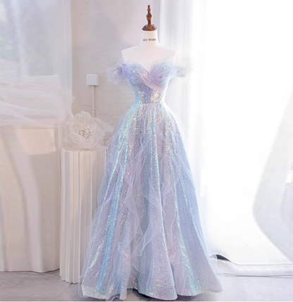 Verträumtes lila A-Linien-Off-Shoulder Abendkleid aus schillerndem Pailletten-Tüll P4473