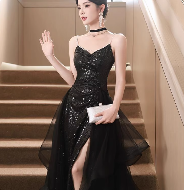 Sexy schwarzes Spaghettiträger-V-Ausschnitt-Kleid mit Pailletten und Tüll, langes Ballkleid Abendkleid P4476