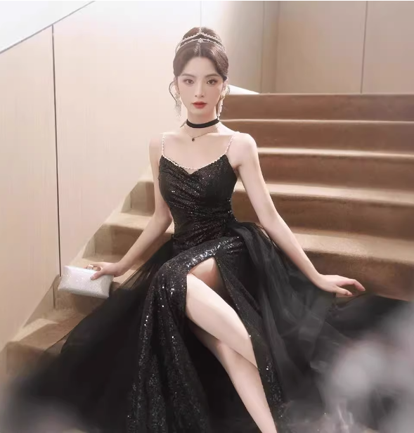 Sexy schwarzes Spaghettiträger-V-Ausschnitt-Kleid mit Pailletten und Tüll, langes Ballkleid Abendkleid P4476
