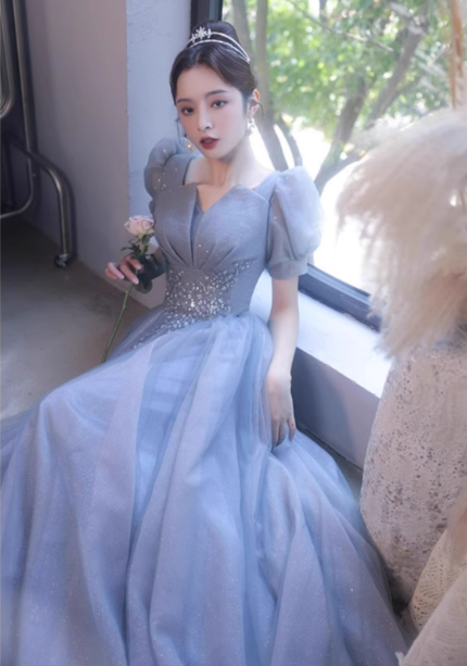 Prinzessin Light Haze Blue Puffärmel A-Linie Tüll Langes Ballkleid Abendkleid P4477