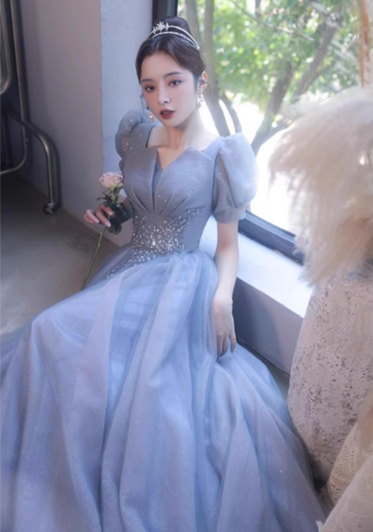 Prinzessin Light Haze Blue Puffärmel A-Linie Tüll Langes Ballkleid Abendkleid P4477
