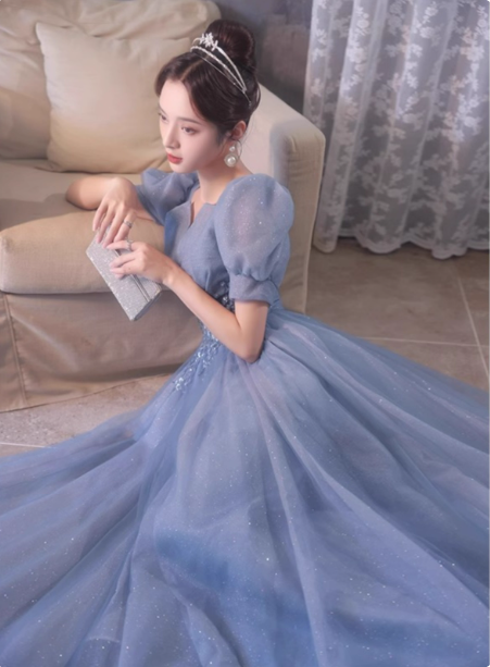 Prinzessin Light Haze Blue Puffärmel A-Linie Tüll Langes Ballkleid Abendkleid P4477
