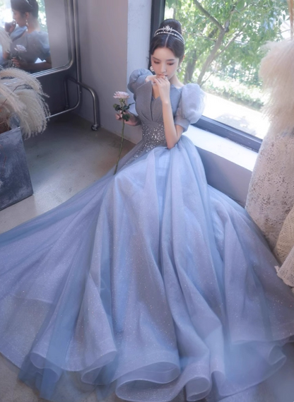 Prinzessin Light Haze Blue Puffärmel A-Linie Tüll Langes Ballkleid Abendkleid P4477