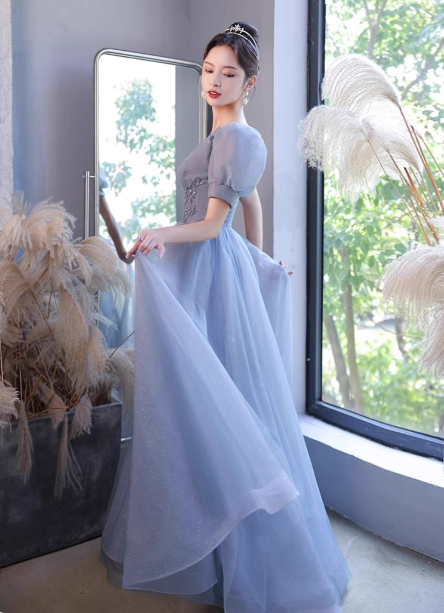 Prinzessin Light Haze Blue Puffärmel A-Linie Tüll Langes Ballkleid Abendkleid P4477