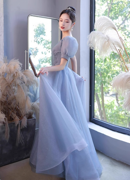 Prinzessin Light Haze Blue Puffärmel A-Linie Tüll Langes Ballkleid Abendkleid P4477
