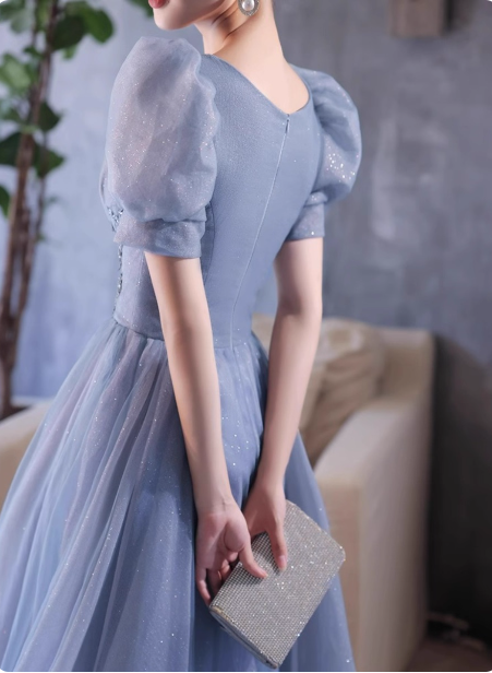 Prinzessin Light Haze Blue Puffärmel A-Linie Tüll Langes Ballkleid Abendkleid P4477
