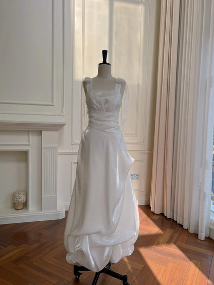 Robe de bal élégante et simple en satin blanc à col carré et bretelles, robe de soirée, robe de demoiselle d'honneur P4048