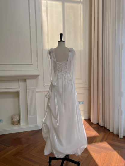 Robe de bal élégante et simple en satin blanc à col carré et bretelles, robe de soirée, robe de demoiselle d'honneur P4048