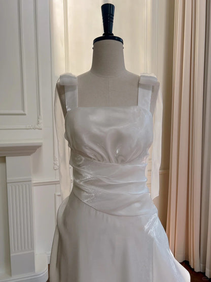 Robe de bal élégante et simple en satin blanc à col carré et bretelles, robe de soirée, robe de demoiselle d'honneur P4048