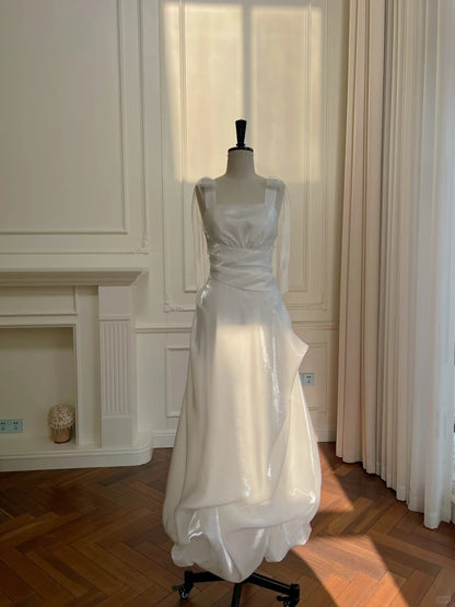 Robe de bal élégante et simple en satin blanc à col carré et bretelles, robe de soirée, robe de demoiselle d'honneur P4048