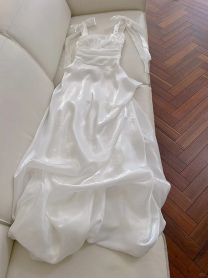 Robe de bal élégante et simple en satin blanc à col carré et bretelles, robe de soirée, robe de demoiselle d'honneur P4048