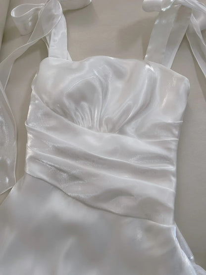 Robe de bal élégante et simple en satin blanc à col carré et bretelles, robe de soirée, robe de demoiselle d'honneur P4048