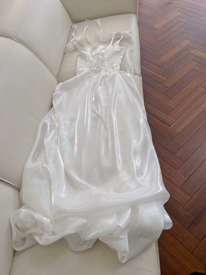 Robe de bal élégante et simple en satin blanc à col carré et bretelles, robe de soirée, robe de demoiselle d'honneur P4048
