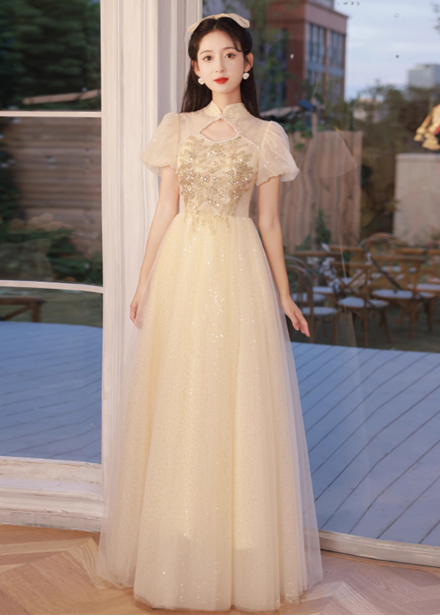 Elegantes Champagner-Aprikosenfarbenes A-Linien-Abendkleid mit Puffärmeln und Stickerei aus Tüll für den Abschlussball P4480