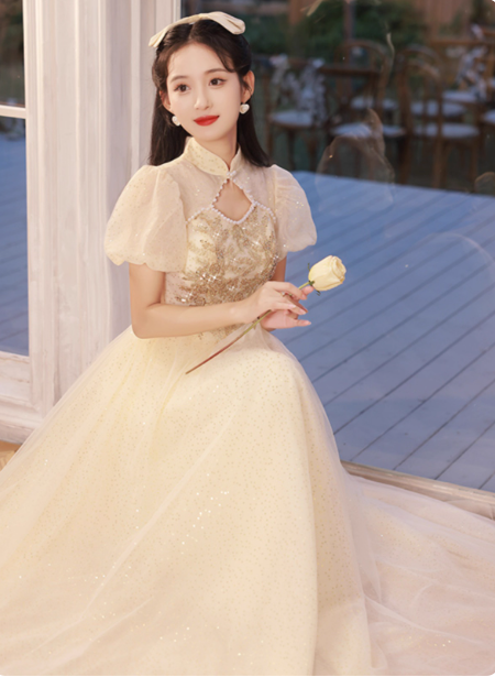 Elegantes Champagner-Aprikosenfarbenes A-Linien-Abendkleid mit Puffärmeln und Stickerei aus Tüll für den Abschlussball P4480