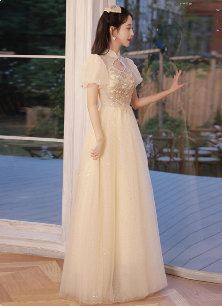 Elegantes Champagner-Aprikosenfarbenes A-Linien-Abendkleid mit Puffärmeln und Stickerei aus Tüll für den Abschlussball P4480
