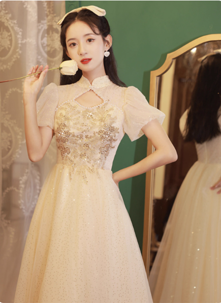 Elegantes Champagner-Aprikosenfarbenes A-Linien-Abendkleid mit Puffärmeln und Stickerei aus Tüll für den Abschlussball P4480