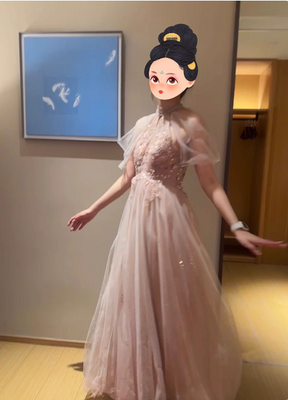 Elegantes pinkfarbenes A-Linien-Neckholder-Tüllkleid, langes Ballkleid, Abendkleid P4483