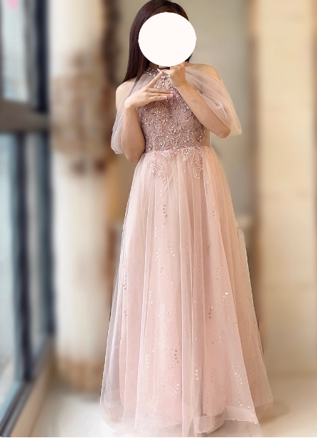 Elegantes pinkfarbenes A-Linien-Neckholder-Tüllkleid, langes Ballkleid, Abendkleid P4483