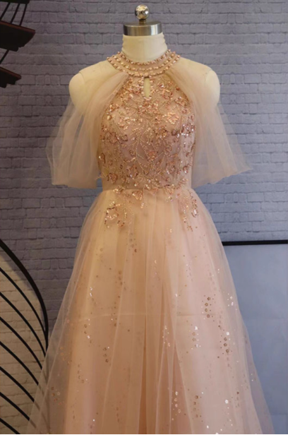 Elegantes pinkfarbenes A-Linien-Neckholder-Tüllkleid, langes Ballkleid, Abendkleid P4483