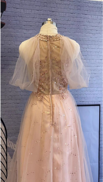 Elegantes pinkfarbenes A-Linien-Neckholder-Tüllkleid, langes Ballkleid, Abendkleid P4483