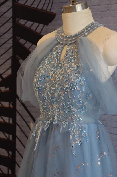 Elegantes pinkfarbenes A-Linien-Neckholder-Tüllkleid, langes Ballkleid, Abendkleid P4483