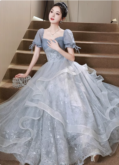 Prinzessin Schieferblau A-Linie Puffärmel Bestickte Tüll Lange Ballkleid Abendkleid P4484