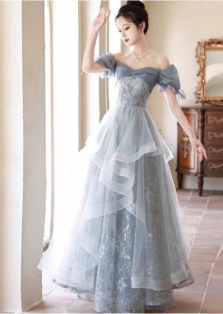 Prinzessin Schieferblau A-Linie Puffärmel Bestickte Tüll Lange Ballkleid Abendkleid P4484
