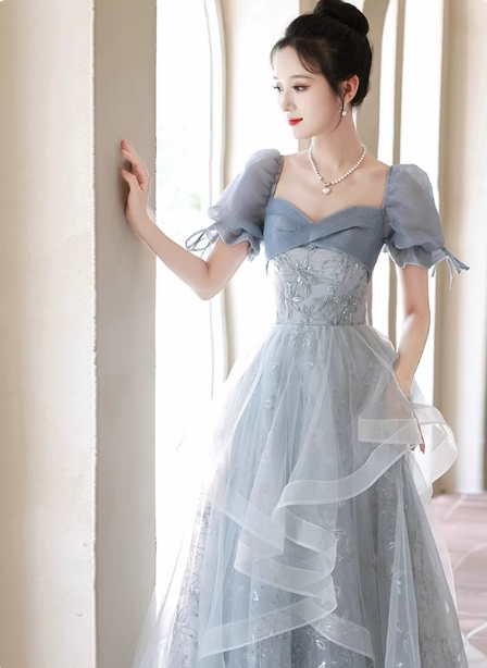 Prinzessin Schieferblau A-Linie Puffärmel Bestickte Tüll Lange Ballkleid Abendkleid P4484