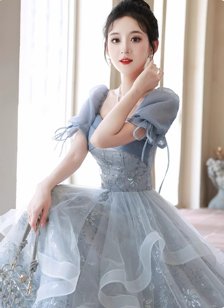 Prinzessin Schieferblau A-Linie Puffärmel Bestickte Tüll Lange Ballkleid Abendkleid P4484