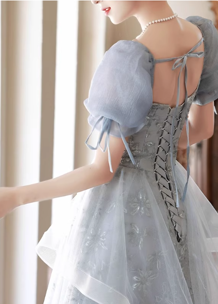 Prinzessin Schieferblau A-Linie Puffärmel Bestickte Tüll Lange Ballkleid Abendkleid P4484