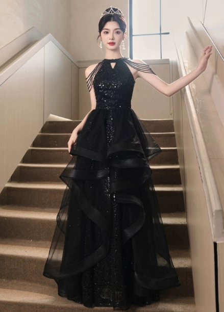 Elegantes schwarzes langes Abendkleid mit Pailletten, Neckholder, A-Linie, Tüll, P4485
