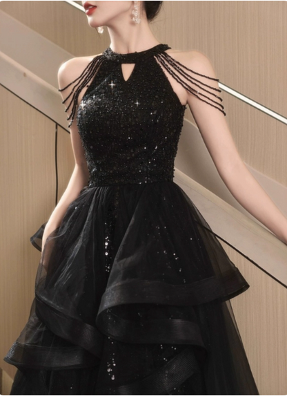 Elegantes schwarzes langes Abendkleid mit Pailletten, Neckholder, A-Linie, Tüll, P4485