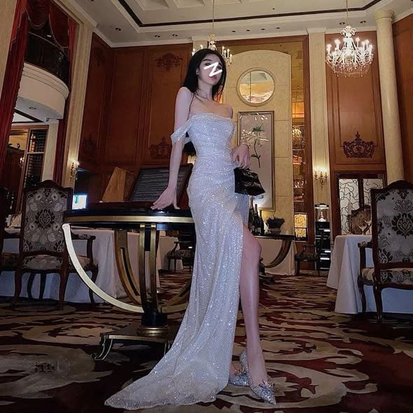 Robe de bal sirène à paillettes et épaules dénudées avec fente, longueur ras du sol, tenue pour 21e anniversaire P1376