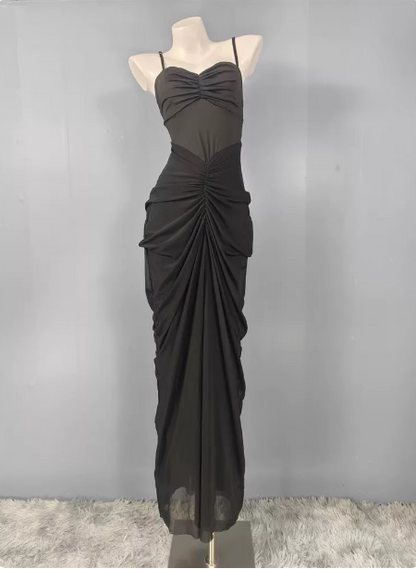 Elegantes schwarzes Meerjungfrau-Spaghettiträger-Kleid mit Raffungen aus Chiffon, langes Ballkleid Abendkleid P4486