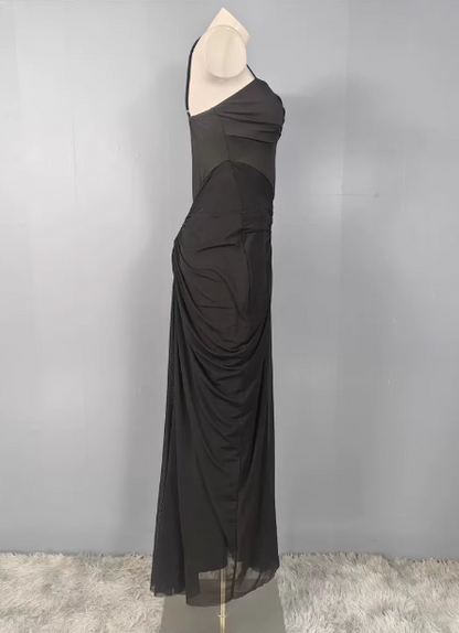 Elegantes schwarzes Meerjungfrau-Spaghettiträger-Kleid mit Raffungen aus Chiffon, langes Ballkleid Abendkleid P4486