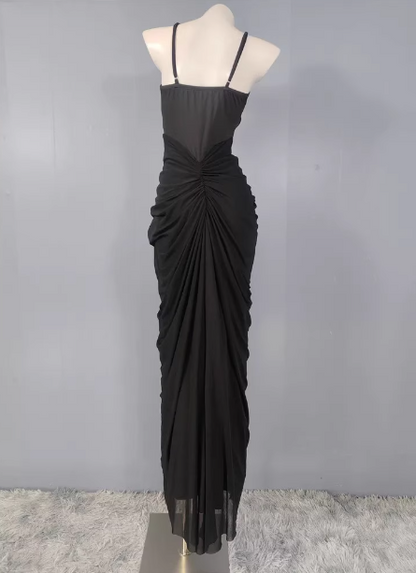 Elegantes schwarzes Meerjungfrau-Spaghettiträger-Kleid mit Raffungen aus Chiffon, langes Ballkleid Abendkleid P4486