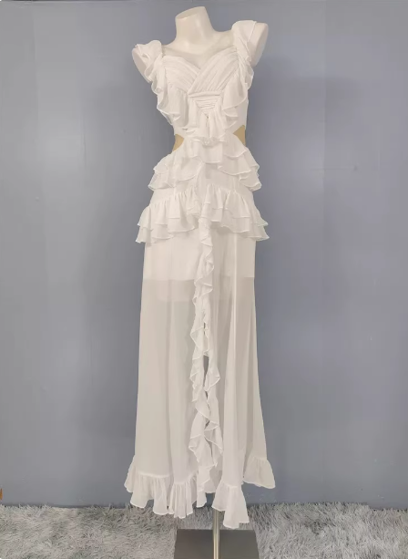 Elegantes weißes V-Ausschnitt Rüschen Chiffon Langes Ballkleid Abendkleid P4487
