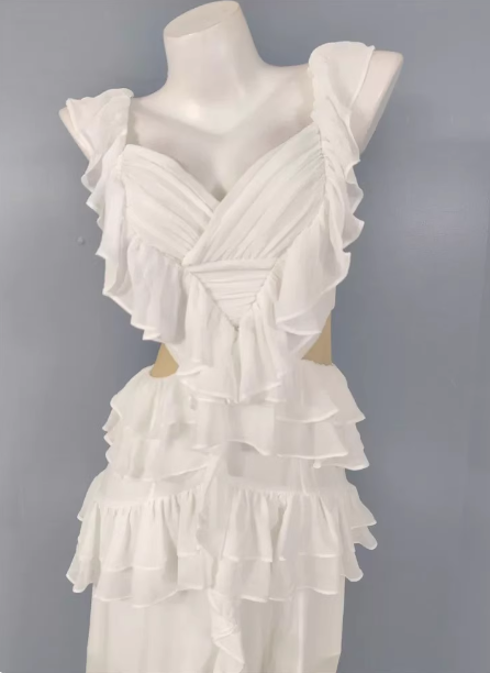 Elegantes weißes V-Ausschnitt Rüschen Chiffon Langes Ballkleid Abendkleid P4487