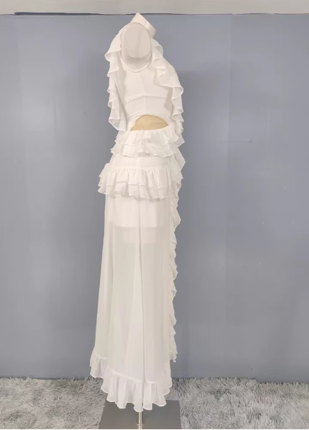 Elegantes weißes V-Ausschnitt Rüschen Chiffon Langes Ballkleid Abendkleid P4487