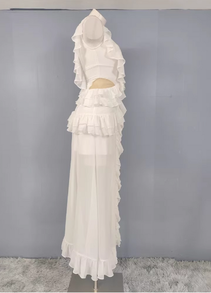 Elegantes weißes V-Ausschnitt Rüschen Chiffon Langes Ballkleid Abendkleid P4487